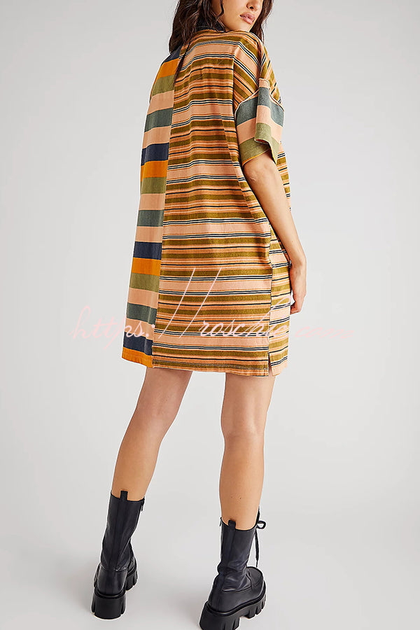 Contrast Striped Patchwork Denim Lapel Loose Mini Dress