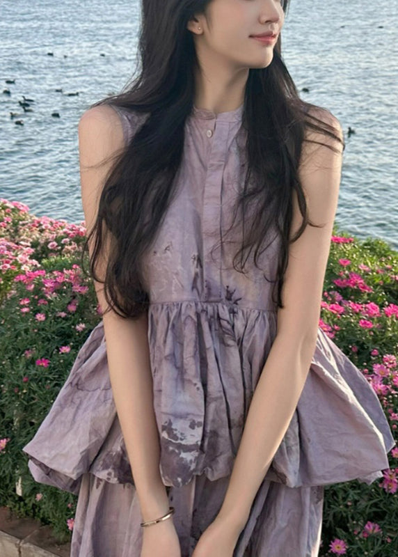 Purple O-neck Ruffled Patchwork Wrinkled Maxi Dresses Summer Tt1028
