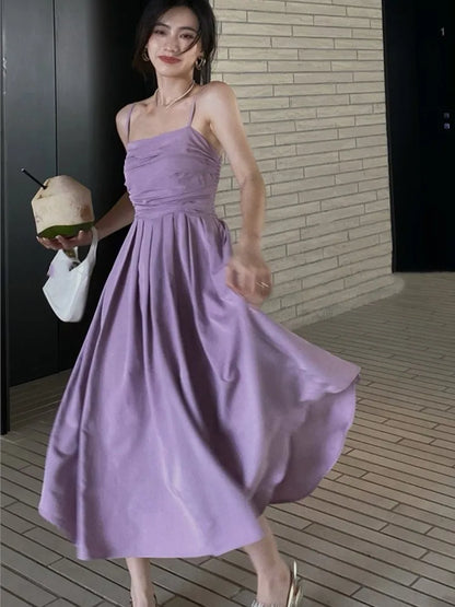Summer Spaghetti Strap Midi Dress A-line Holiday Beach Style French Korean Slim High Waist Vestido