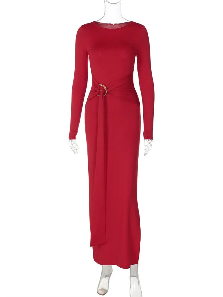 Black Lace-up Long Dress for Skinny High Waist Patchwork Side Split Dress Female Party Maxi Dress