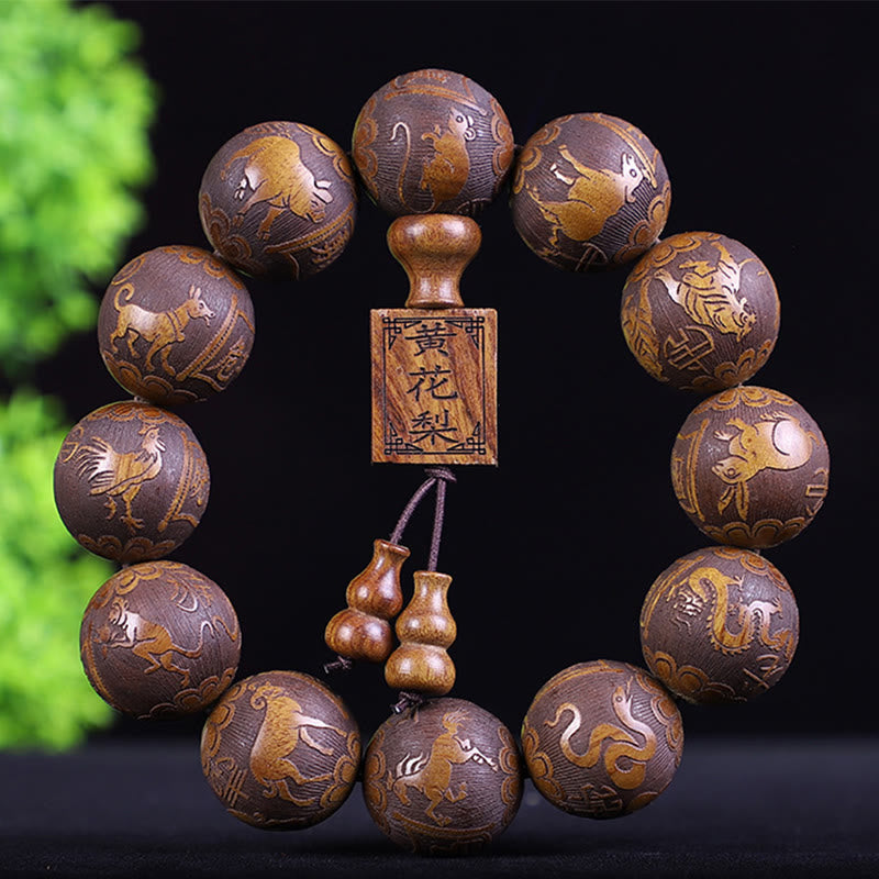 Buddha Stones Chinese Zodiac Rosewood Ebony Copper Coin Pixiu Carved Warmth Bracelet