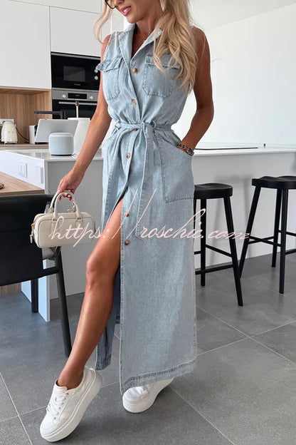 Color Sleeveless Single Breasted Waist Tie Pocket Denim Midi Dress