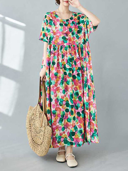 Half Sleeves Loose Pleated Polka-dot Printed Split-joint Round-neck Midi Dresses