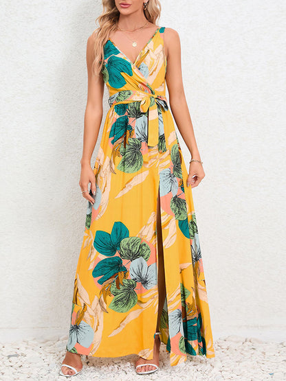 A-line Loose Flower Print Pleated Split-front Tied Waist V-neck Maxi Dresses