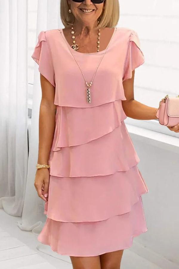 Color Round Neck Short Sleeve Multi-layered Mini Dress