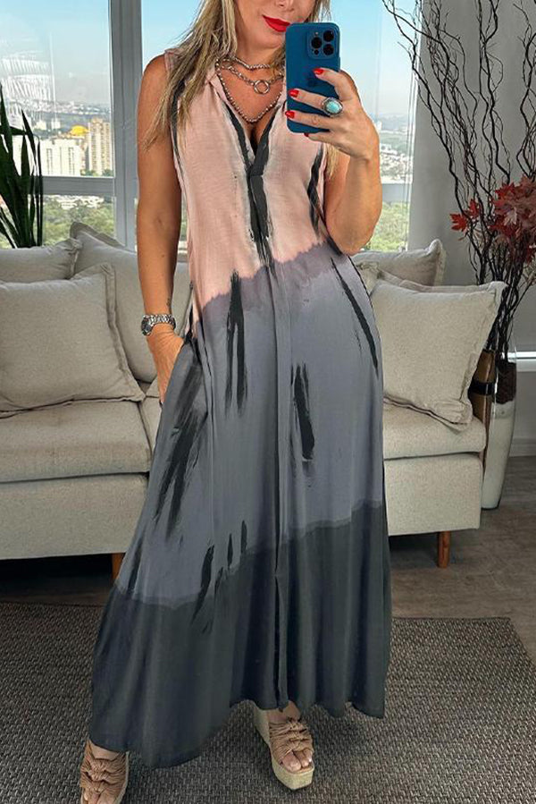 Unique Printed V-neck Sleeveless Maxi Dress