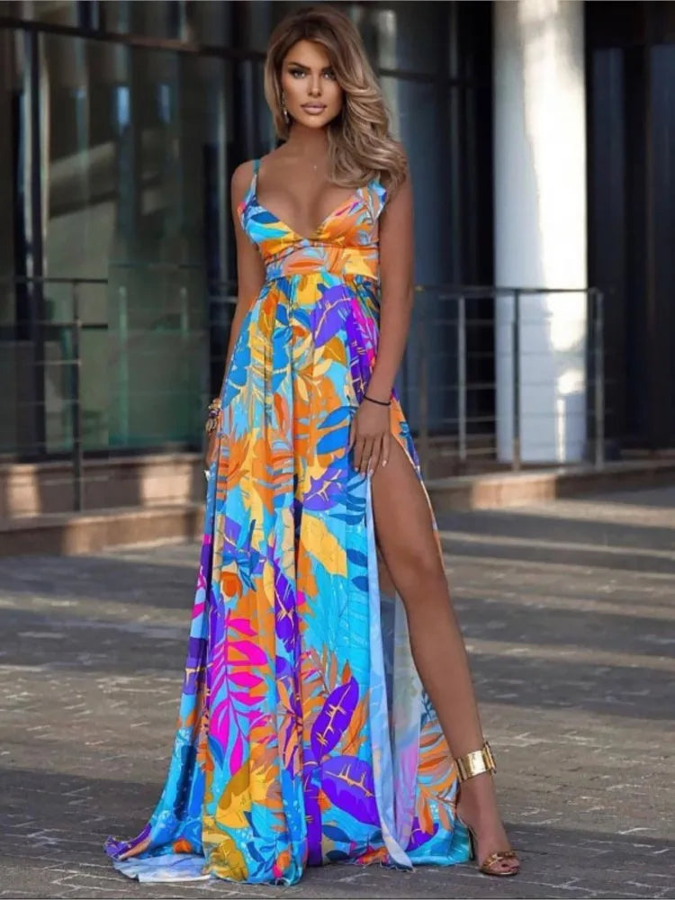 Color Print Spaghetti Strap Long Dresses Deep V-neck Backless Slit Dress Beach Vacation Maxi Vestido