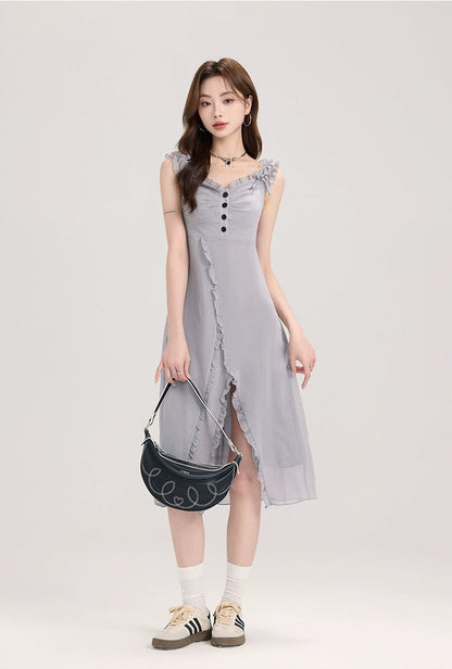 Ruffle Trim Button Front Midi Dress