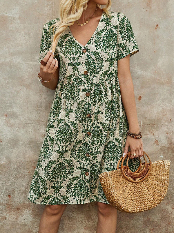 A-line High Waisted Buttoned Pleated Printed Split-joint V-neck Mini Dresses