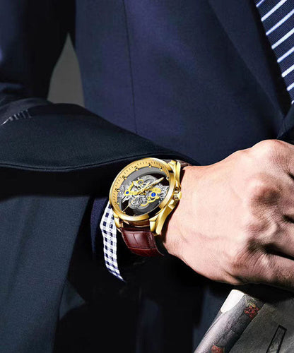 Black Leather Hollow Out Fully Automatic Machinery Watches
