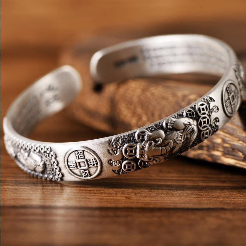 Buddha Stones Tibetan Pixiu Heart Sutra Coin White Copper Wealth Bracelet Adjustable Bangle
