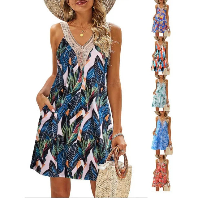 Summer Print Vest Dresses Lace Patchwork V-neck Beach Vacation Mini Dress Lady Commuting Clothing Vestidos