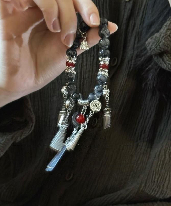 Black Sterling Silver Agate Tassel Charm Bracelet