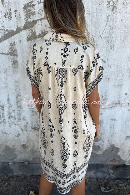 Linen Blend Unique Print Lapel Pocket Mini Dress