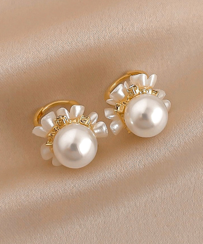 Gold Alloy Zircon Pearl Hoop Earrings