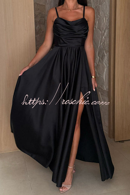 Color Suspender Back Pleated Slit Full Hem Maxi Dress