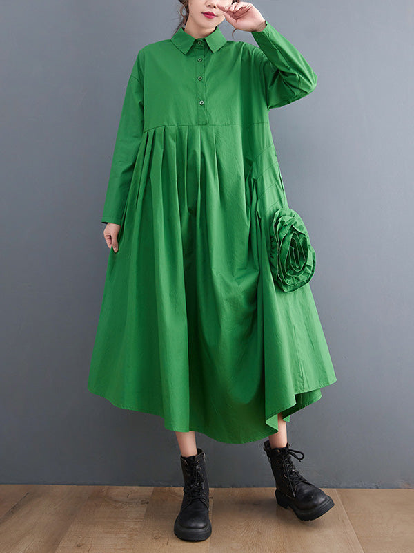 Urban Applique Pleated Long Sleeves Shirt Dress Midi Dress