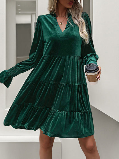 A-line Long Sleeves Pleated Color Velvet V-neck Mini Dresses