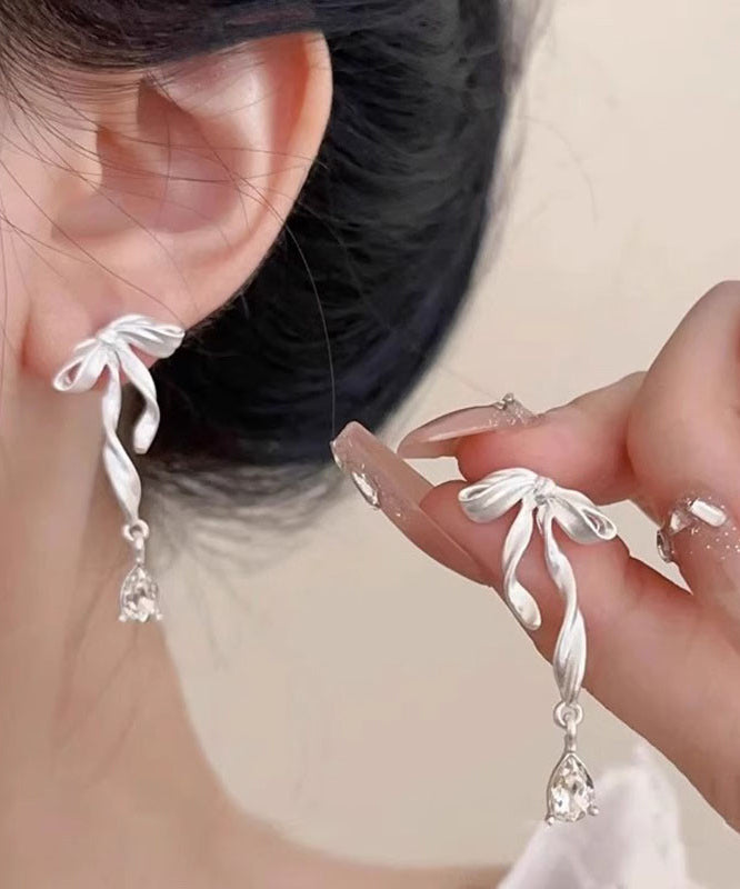 White Copper Alloy Butterfly Silk Ribbon Drop Earrings