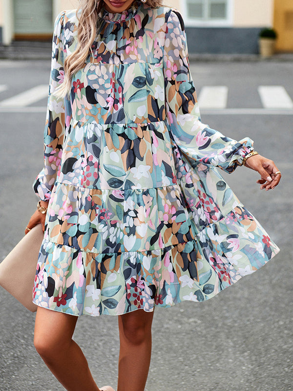 A-line High Waisted Printed Split-joint Tied Mock Neck Mini Dresses