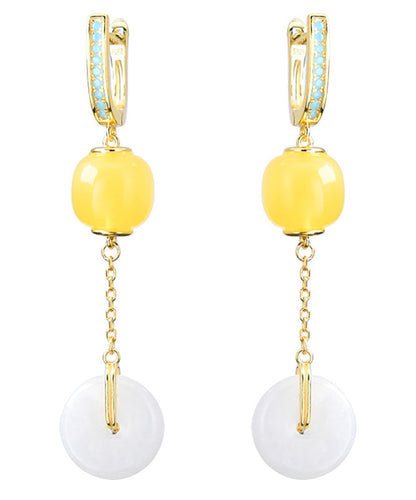 Yellow Sterling Silver Overgild Jade Beeswax Drop Earrings