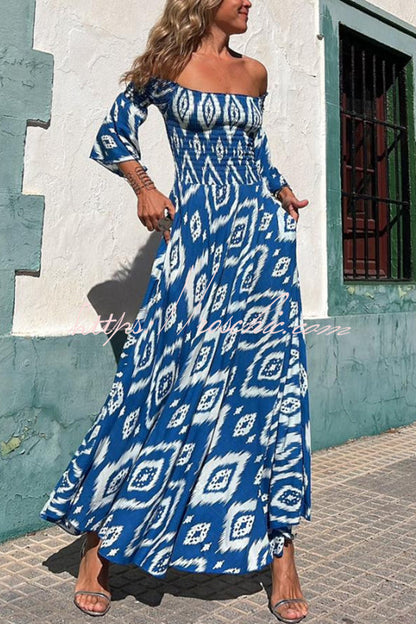 Close to the Vacation Print Smocked Off Shoulder Pocketed Maxi Dress