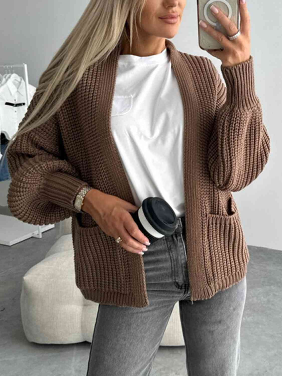 Color V-neck Long-sleeved Knitted Cardigan