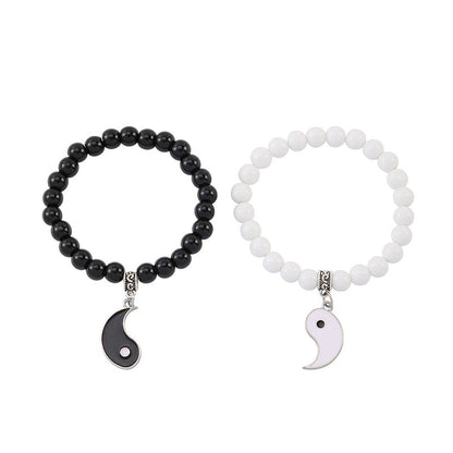 Buddha Stones 2pcs Black Onyx White Turquoise Bead Yin Yang Protection Couple Bracelet