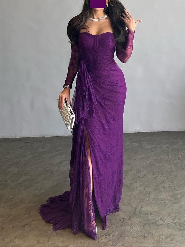 Long Sleeves Mermaid Mesh See-through Split-side Square-neck Evening Dresses Maxi Dresses