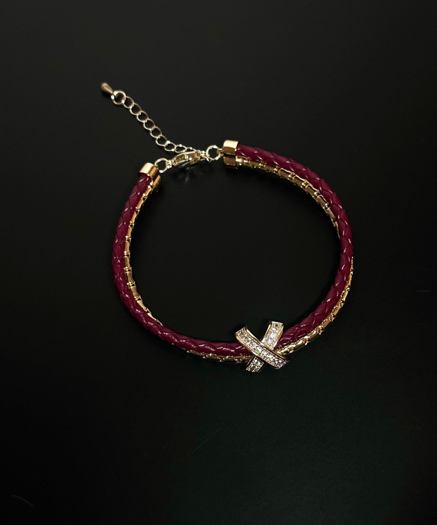 Red Leather Copper Alloy Zircon Bracelet