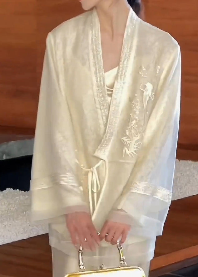 Cardigan Neck V Embroidered Up Lace Silk Beige Spring