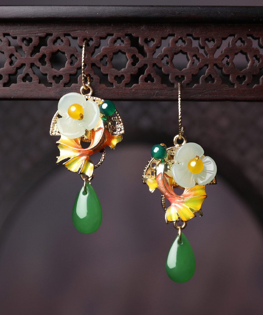 Green Coloured Glaze Chalcedony Agate Cloisonne Fish Drip Drop Earrings