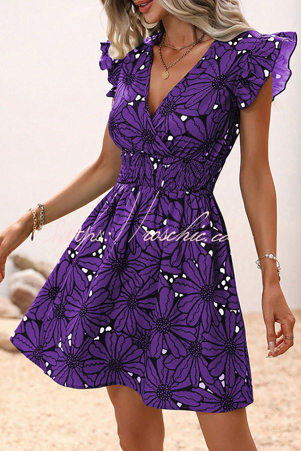 Wonderful Weekend Print Ruffle Sleeve Elastic Waist Mini Dress