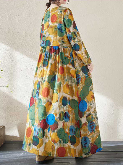 A-line Long Sleeves Pleated Polka-dot Split-joint Round-neck Maxi Dresses