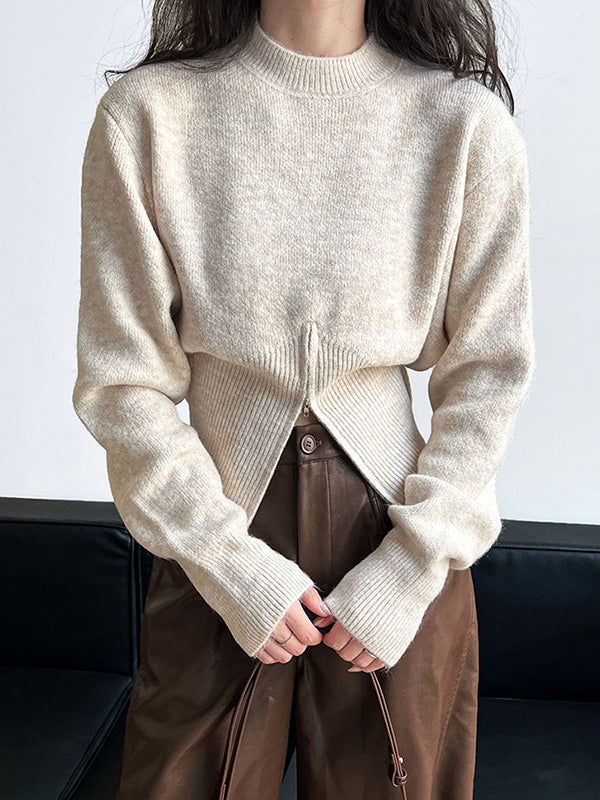 Urban Coffee Mock Neck Zipper Slit Hem Long Sleeve Sweater Qx004