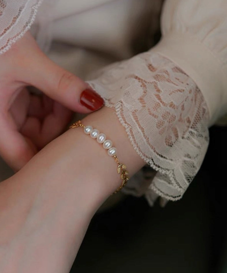 Gold Sterling Silver Alloy Pearl Leaves Tassel Charm Bracelet
