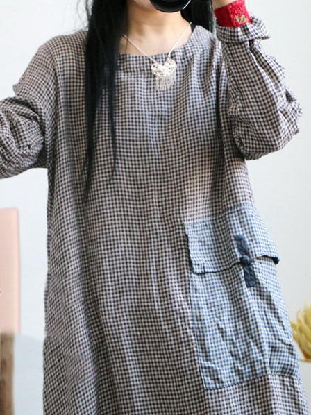 Loose Linen Plaid Round-neck Long Dress