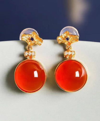 Red Sterling Silver Inlaid Zircon Agate Stud Earrings