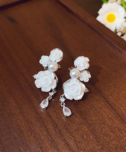 White Copper Zircon Pearl Camellia Flower Drop Earrings