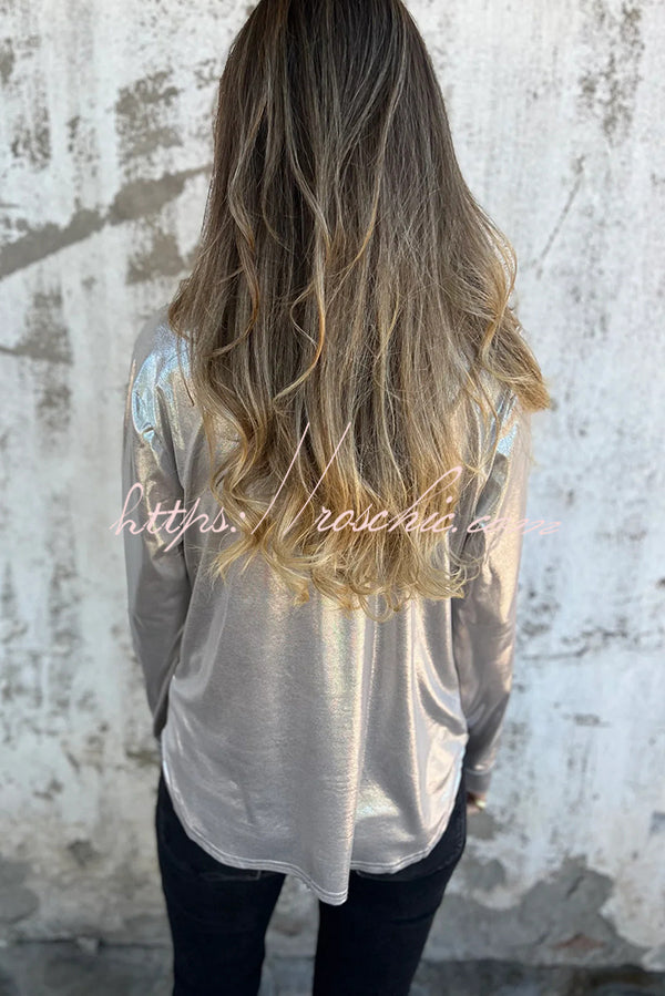 Holiday Look Metallic Loose Pocket Button-down Blouse