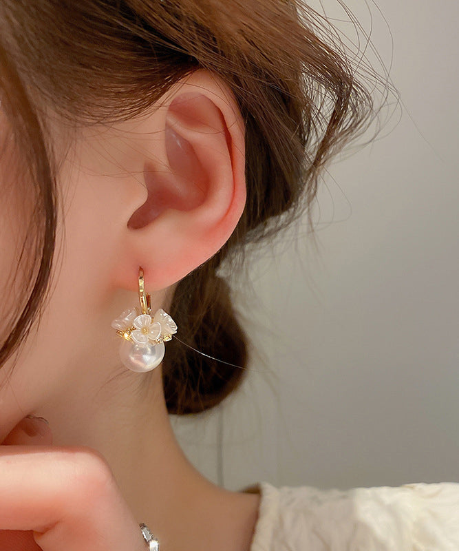 Gold Alloy Zircon Pearl Hoop Earrings