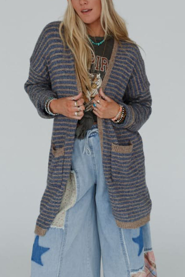 Contrast Striped Loose Long-sleeved Mid-length Knitted Cardigan