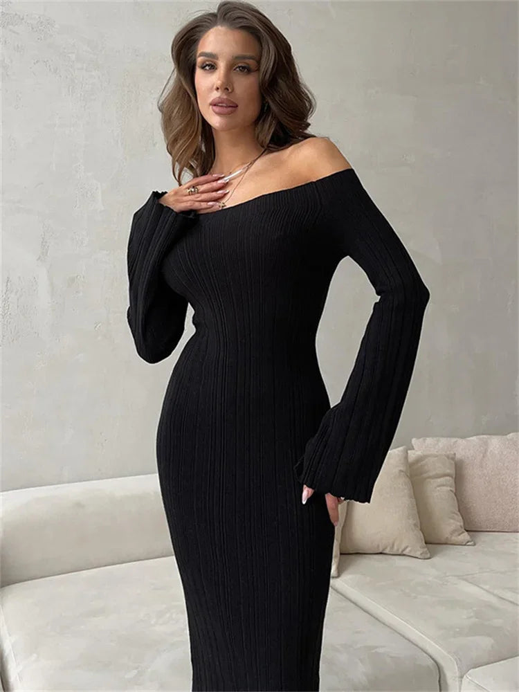 Autumn Knit Ribbed Long Dress Off-shoulder Slim High Waist Patchwork Party Dress Female Maxi Dress Knitwear