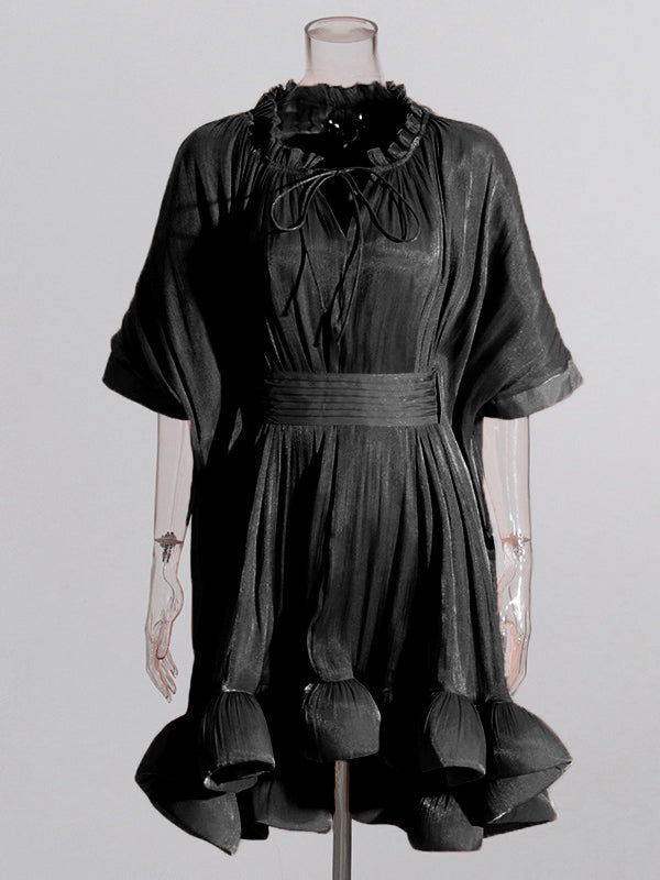 High-low Loose Pleated Split-joint Stand Collar Mini Dresses