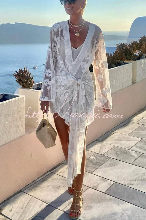 Beach Elegance Lace Long Sleeve Wrap Tie-up Vacation Mini Dress