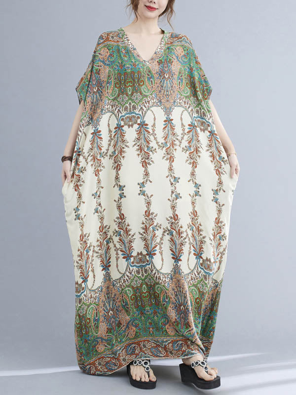 Printed V-neck Batwing Sleeves H-line Maxi Dress