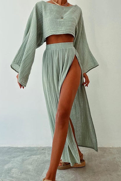 Beach Linen Blend Wide Sleeve Blouse and Elastic Waist Double Slit Skirt Set