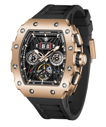 Stylish Gold Silicone Rubber Tempered Glass Fully Automatic Mechanical Watch