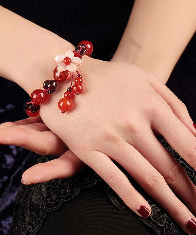 Diy Red Agate Coloured Glaze Shell Flower Garnet Charm Bracelet