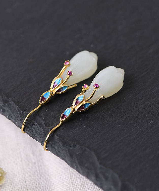 White Sterling Silver Overgild Inlaid Jade Cloisonne Orchid Drop Earrings